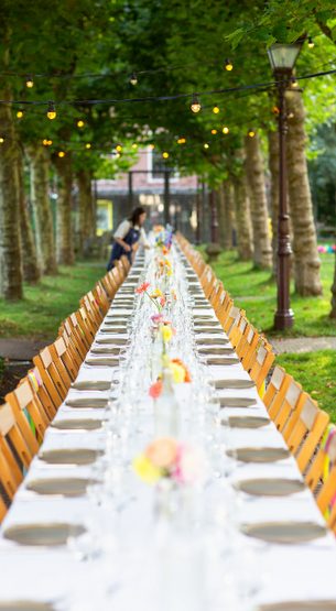 Long dinner table set in the garden